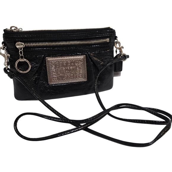 Coach Poppy Black Leather Crossbody Shoulder Bag Purse Small Leopard Lining EUC - Picture 2 of 8